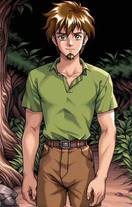 1boy, solo,  looking at viewer,  <lora:ShaggyRogers:0.4>, ShaggyRogers, goatee, brown pants, green shirt, brown hair,  <lora:Retro_pixel_shading_pony:1>, pixel art shading, retro artstyle, retro videogame, narrow waist
