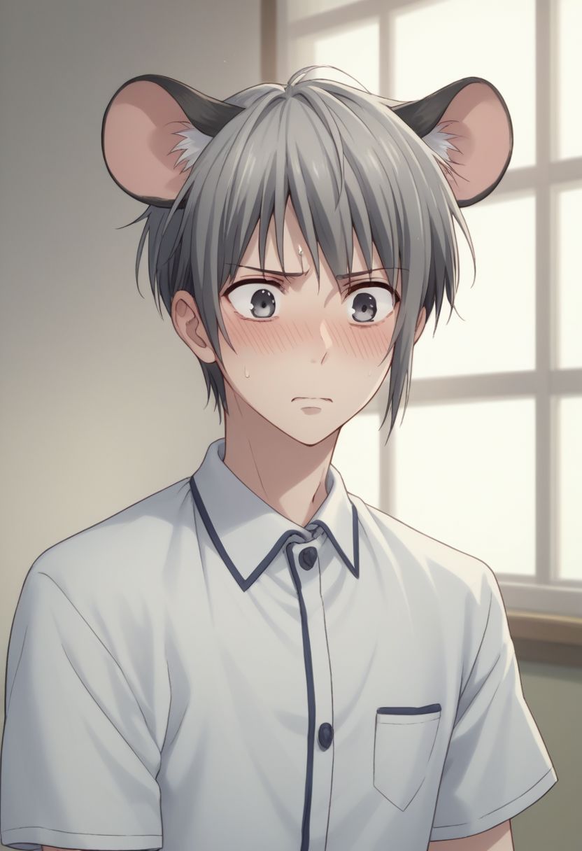 score_9, score_8_up, score_7_up, source_anime, highly detailed, 1boy, solo, male_focus, 
yuki_sohma, 1boy, indoor, male focus, solo, grey hair, grey eyes, shirt, blush, embarassed, mouse ears,