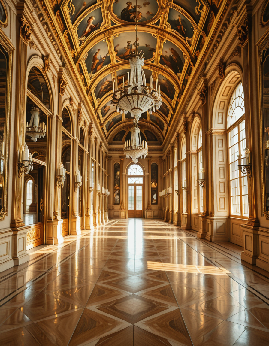 A breathtaking, photorealistic depiction of the Hall of Mirrors (Galerie des Glaces) at the Palace of Versailles in France, captured in golden afternoon light. The hall is grand and opulent, with a high arched ceiling painted with intricate Baroque frescoes. The walls are lined with tall arched mirrors on one side and large arched windows on the opposite side, flooding the space with natural light. Elegant crystal chandeliers hang from the ceiling, reflecting in the mirrors and sparkling with golden highlights. The marble floors are polished and gleaming, with rich, warm tones. Gilded statues and decorative elements frame the mirrors and doorways. The image style is ultra-detailed and photorealistic, with sharp textures and soft, warm lighting creating a majestic, timeless atmosphere. No people present, only the serene magnificence of the empty hall. Camera angle at eye level, centered down the hall, capturing the full length and symmetry of the space.
<lora:SDXLFaeTastic2400:0.4> <lora:extremely_detailed:0.4> extremely detailed,Hall of M1rr0rs, <lora:Hall_of_M1rr0rs-i:1>, Masterpiece,best quality,hi res,8k,hi res,8k,award winning,(sharp focus, intricate, highly detailed),
