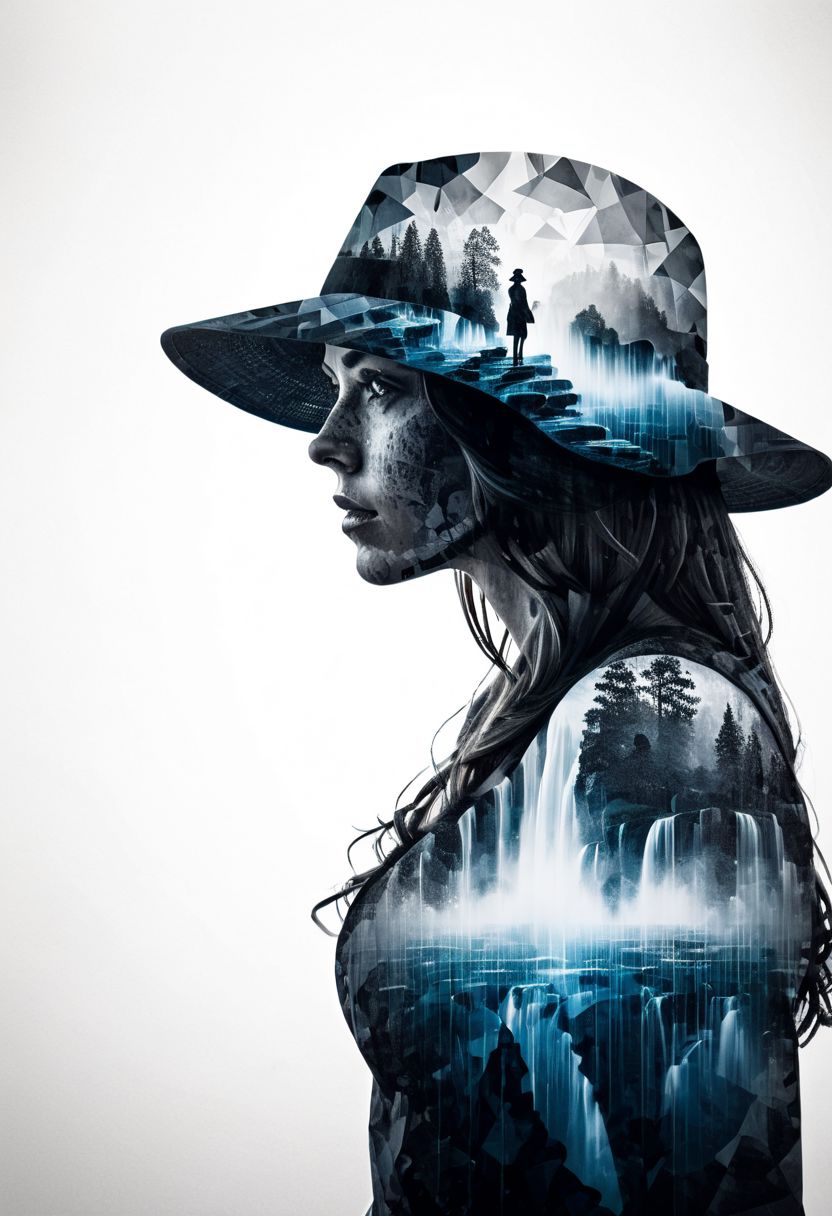 mysterious silhouette woman with hat, amazing depth, double exposure, surreal, waterfall, pattern, rain, geometric patterns, intricately detailed, bokeh,  perfect balanced, deep fine borders, artistic photorealism , smooth,  with a white background