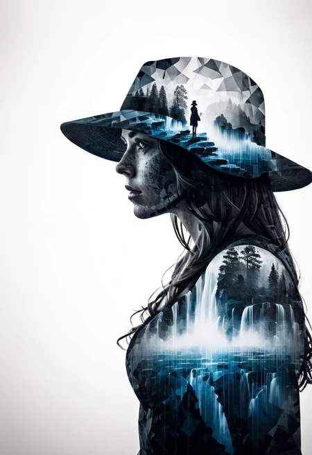 mysterious silhouette woman with hat, amazing depth, double exposure, surreal, waterfall, pattern, rain, geometric patterns, intricately detailed, bokeh,  perfect balanced, deep fine borders, artistic photorealism , smooth,  with a white background