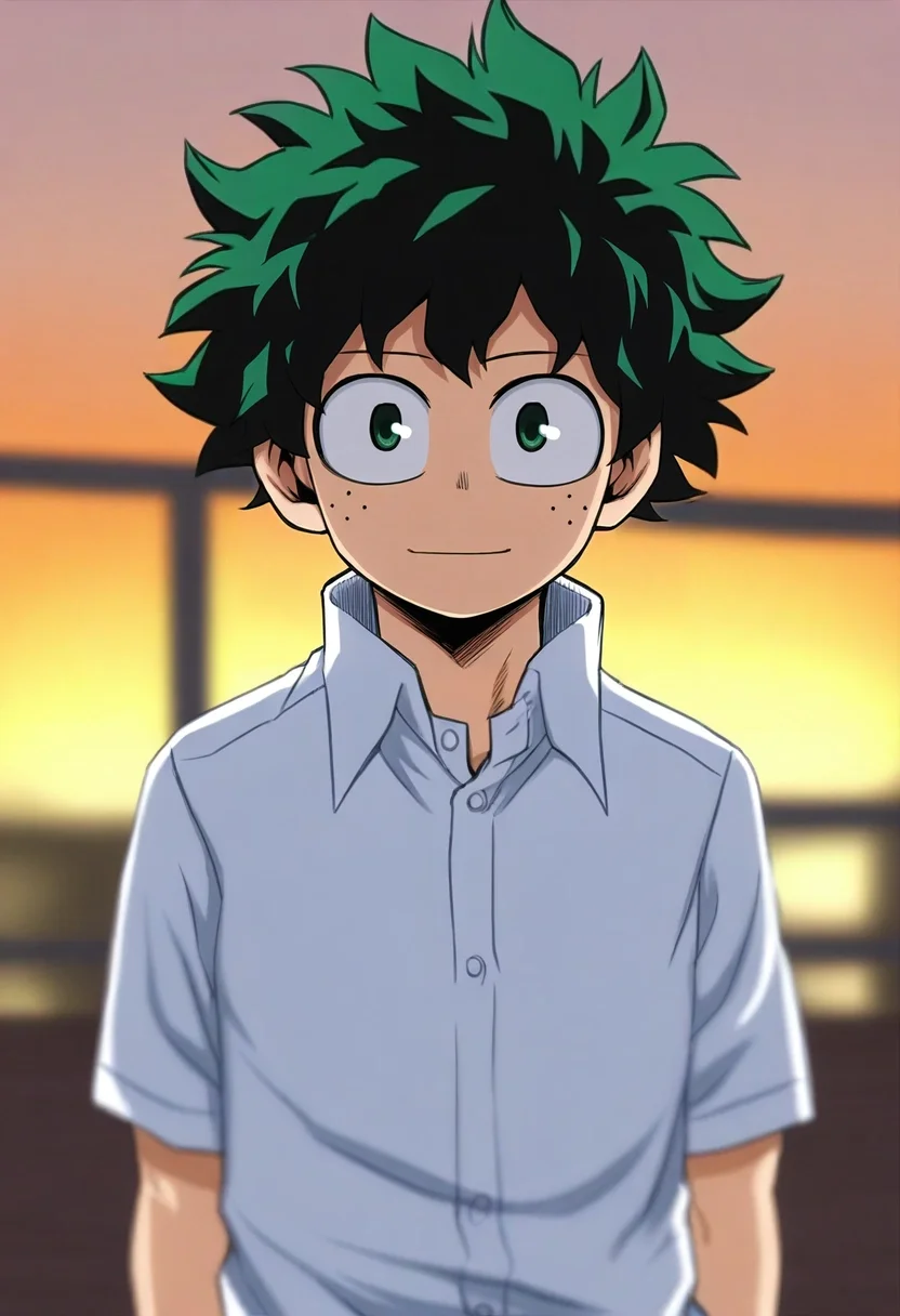 , (photorealistic:0.6), looking at viewer, depth of field, 1boy, solo, male focus, <lora:izuku_midoriya_ilxl:0.88>, izuku_midoriya, green hair, green eyes, short hair, ,