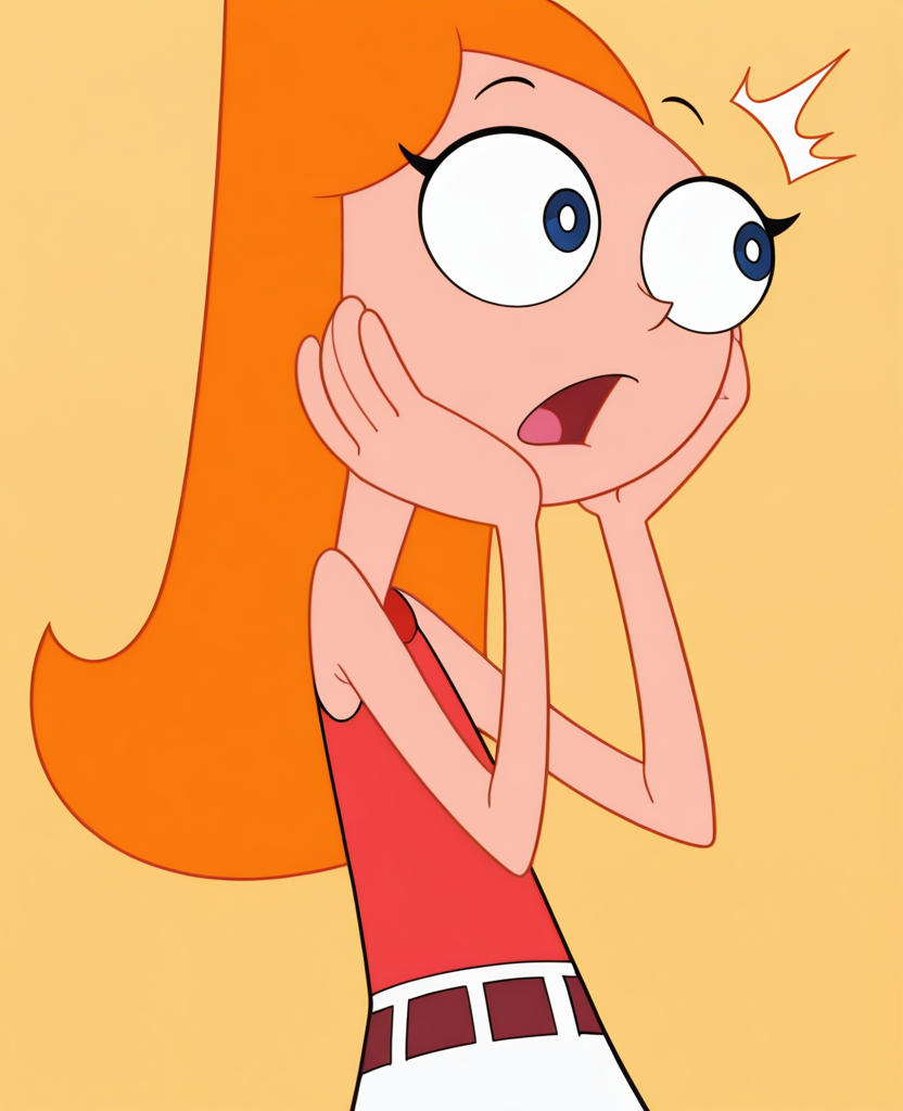 absurdres, highres, <lora:Candace_PF_ILLUS:0.8> , cd1, official style, official art, 1girl, orange hair, long hair, blue eyes, red shirt, sleeveless, skirt, belt, looking away, portrait, from side, hands on own face, surprised, open mouth,
