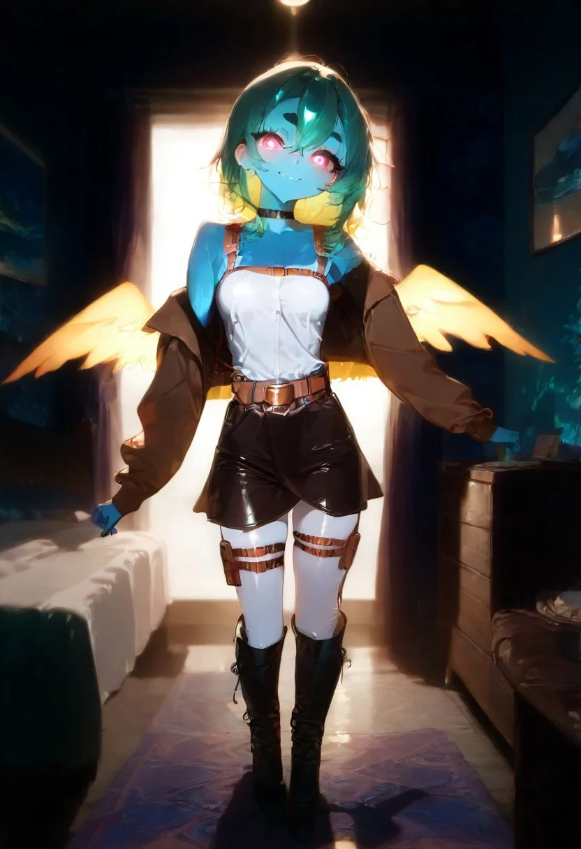 score_9,score_8_up,score_7_up,score_6_up, source_anime, girl, <lora:Filoen - Pony:0.8>,
Filoen as a Demon, oni horns, blue skin, over-probationed wings, black large angel wings, turquoise glow, black feathers, turquoise energy
long hair, dark blue hair, gradient hair, multicolored hair, dark blue roots, green hair, colored tips, green tips, messy hair, hair between eyes,
black choker, black sclera, green eyes, green glowing pupils, thick eyelashes, petite and delicate build, medium breasts, bare shoulders, seductive smile, cute face, collarbone, shiny, shiny skin, cute, sexy, hot, woman, perfect face, thick eyeliner, perfect hands, five fingers, batting her eyelashes, perfect eyelashes, perfect detailed face, detailed anatomy, slim petite body, cosplay, survey corps \(emblem\), thigh strap, harness, boots, leather skirt, white pants, white shirt, full body, standing, belt, open jacket, brown jacket, cropped jacket, looking at viewer, seductive, hourglass figure, sweat, volumetric lighting, textured skin, dramatic lighting, full body view, full body shot, eye lighting, curvy, intricate details, detailed background, different view, different positions, different angle, town setting, sunset,