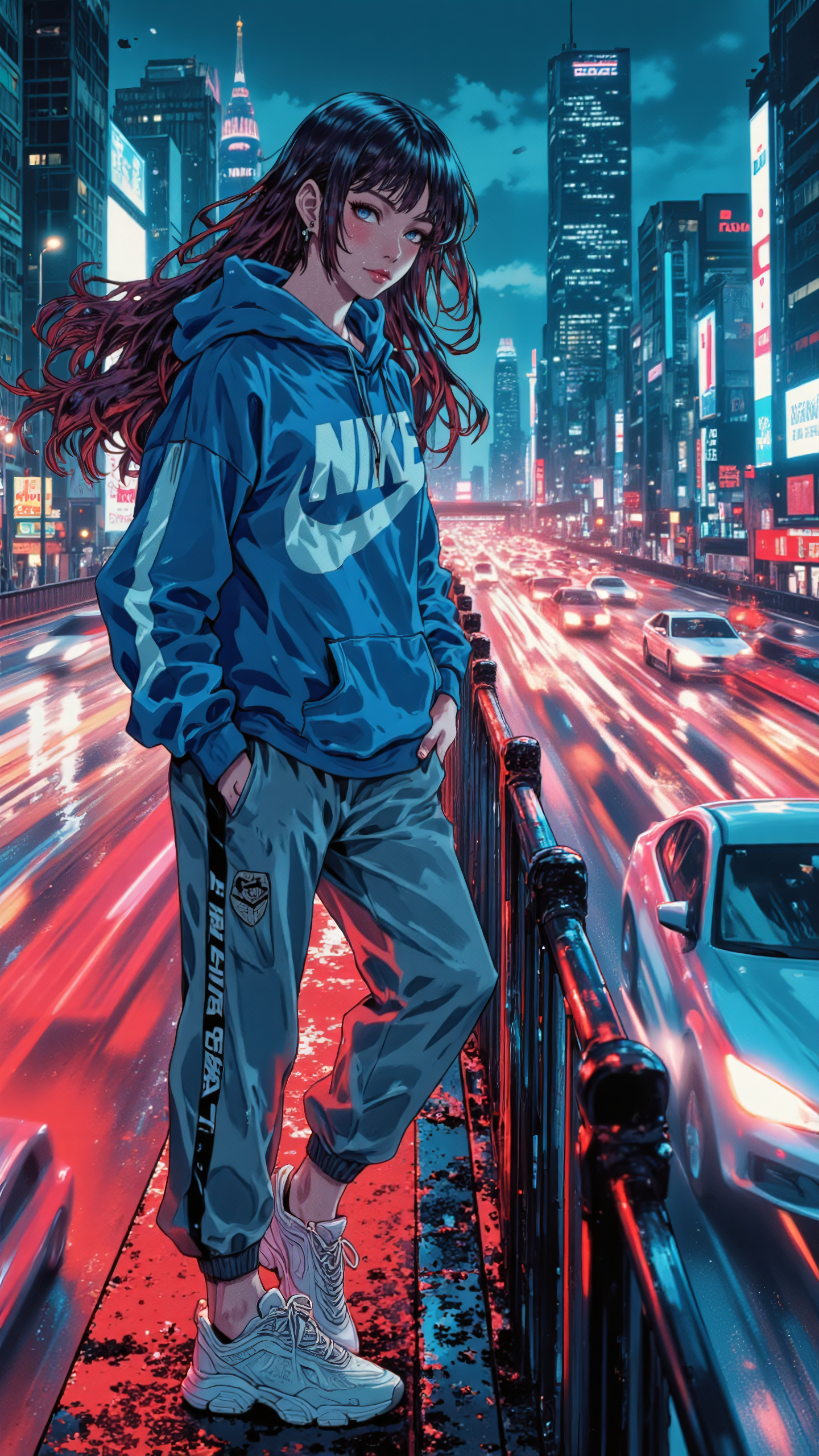 High-resolution anime-style illustration, bold painterly textures, cinematic nighttime lighting. A stunning young woman stands near the edge of a bustling highway, where motion-blurred streaks of headlights and taillights rush past. The neon-lit skyline glows behind her, casting reflections on the damp pavement.
Her long, sleek hair flows in the wind, catching flashes of red and blue from passing cars. She wears a form-fitting blue hoodie with a white Nike print, paired with gray sweatpants and crisp white sneakers. Her serious gaze is fixed on the city, illuminated by the ambient glow of streetlights and neon signs.
The roar of traffic blends with the distant hum of the city, the cool night air carrying the scent of asphalt and rain. Towering skyscrapers and flickering billboards frame the background, enhancing the sleek, modern energy of the urban night. <lora:Jujutsu_Kasien_Colored_Manga-000001:0.6> <lora:RealAnime:0.6> <lora:Techno_Digitalis:0.8>