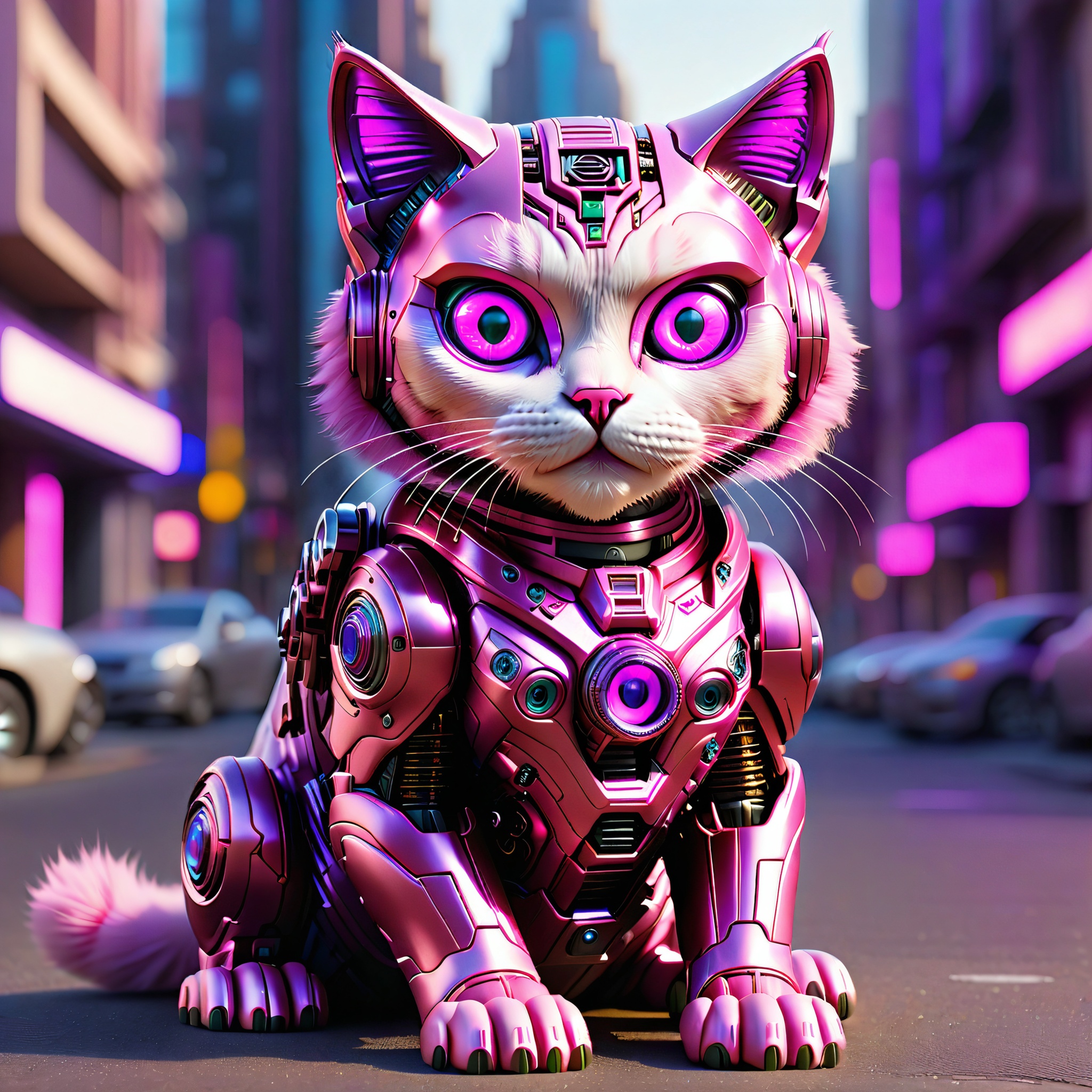 sitting hybrid full bio-mechanical cat with pink metallic fur and violet glowing camera eyes in the streets of a futuristic mega city on the mars