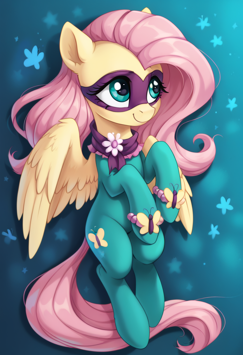 score_9,score_8_up,score_7_up,score_6_up,score_5_up,score_4_up,my little pony,((feral pony)),1girl,((solo)),(sexy),beautifully detailed,(detailed cute pony face),((detailed blue starry background:1.5)),((woman)),high angle,(cute smile:1),((up-close))  1girl,((solo)),(sexy),full body,<lora:saddle_rager:0.9>,fluttershy,green suit,purple mask,purple bracelets with yellow butterflies,purple-pink scarf with a flowe,
<lora:OtherStyle_01:1>,<lora:Wholesome_MLP-v1.0:1>,