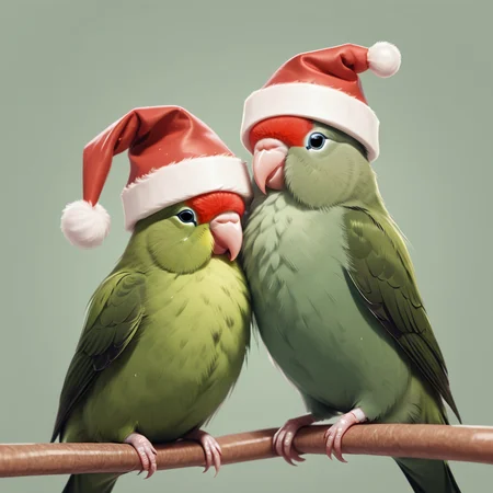 lovebirds wearing Christmas hats, birb <lora:Birb_XL_kk-000005:1>