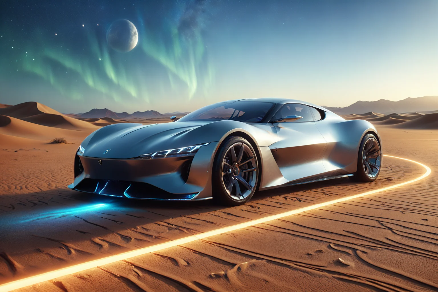 morph-aurora, a sleek sports car with aerodynamic curves, glowing headlights, solo, sleek exhaust, emitting soft light, futuristic parking lot, floating platforms, charging stations, detailed background, parked in a desert, sand around, holographic markers nearby, wide shot, a hovering drone, small and sleek, nearby, best quality, rich colors, photorealistic style, high detail, high-definition, hyper-realistic, extremely high-resolution details, fine texture, incredibly lifelike, realistic, not fantasy, not anime, not drawing, highres, 4K resolution, source photo, realistic photo, masterpiece, best quality, amazing quality, very aesthetic, ultra-detailed, detailed surfaces, natural metallic tones, soft lighting, futuristic grey, matte finish, soft light, wide shot, <lora:add-detail-xl:1> <lora:aurora_0_100_V1-000009:0.65>