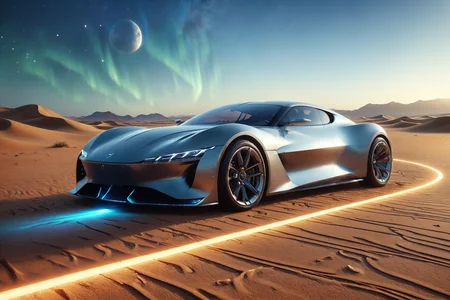 morph-aurora, a sleek sports car with aerodynamic curves, glowing headlights, solo, sleek exhaust, emitting soft light, futuristic parking lot, floating platforms, charging stations, detailed background, parked in a desert, sand around, holographic markers nearby, wide shot, a hovering drone, small and sleek, nearby, best quality, rich colors, photorealistic style, high detail, high-definition, hyper-realistic, extremely high-resolution details, fine texture, incredibly lifelike, realistic, not fantasy, not anime, not drawing, highres, 4K resolution, source photo, realistic photo, masterpiece, best quality, amazing quality, very aesthetic, ultra-detailed, detailed surfaces, natural metallic tones, soft lighting, futuristic grey, matte finish, soft light, wide shot, <lora:add-detail-xl:1> <lora:aurora_0_100_V1-000009:0.65>