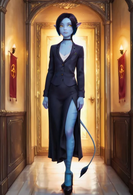 masterpiece, best quality, absurdres, detailed skin, detailed face, detailed eyes, realistic, 3D, PRSNL_3_1,
<lora:Tuktirey_Sully_James_Camerons_Avatar_Illustrious:1> Tuktirey Sully, 1girl, na'vi, solo, small height body, young, striped blue skin, tailbone tail, 5 fingers, colored skin, blue skin, yellow eyes, solo, pointy ears, flat chest, colorful, very aesthetic, skinny face, skinny body, serious expression, black blazer, white shirt under a blazer, high collar shirt, closed blazer, blazer with deep neckline, black knee length skirt, long skirt, transparent dark tights on legs, black high heel shoes, a neat red bandage on the shoulder, choker,
official hall in the background, on the walls there are red banners with the image of a five-pointed red stars, warm colors indoors,