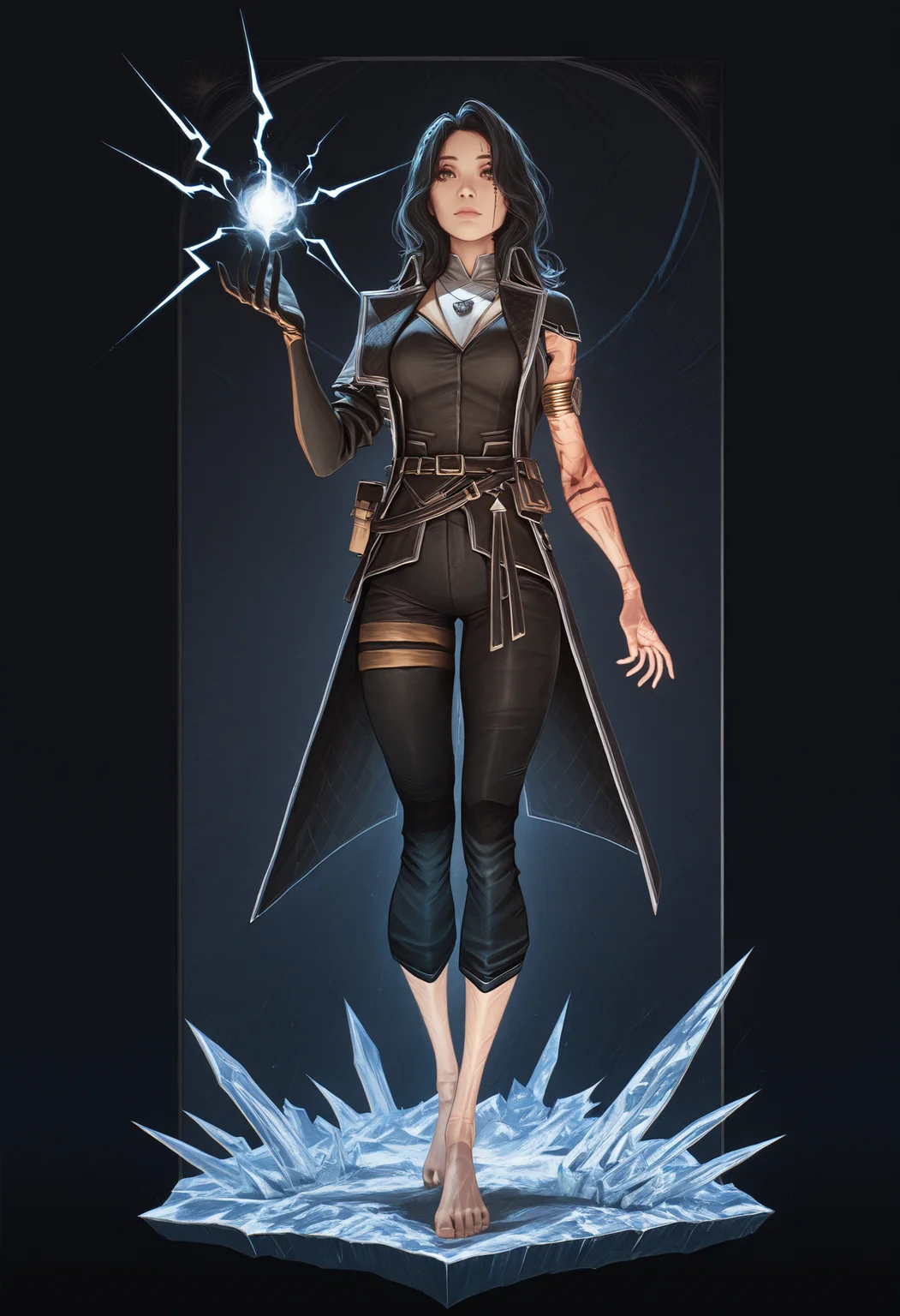 masterpiece, best quality, amazing quality, 1girl, <lora:lune_illustrious_byJaneB:1>, lun3e33,
facial tattoo, arm tattoo, coat, single glove, upper body, armlet, necklace, vivid colors, sharp, pants, belt, barefoot, ice magic, lightning, light, fire, earth <lora:afkArenaIllustrious:1> afkArenaStyle