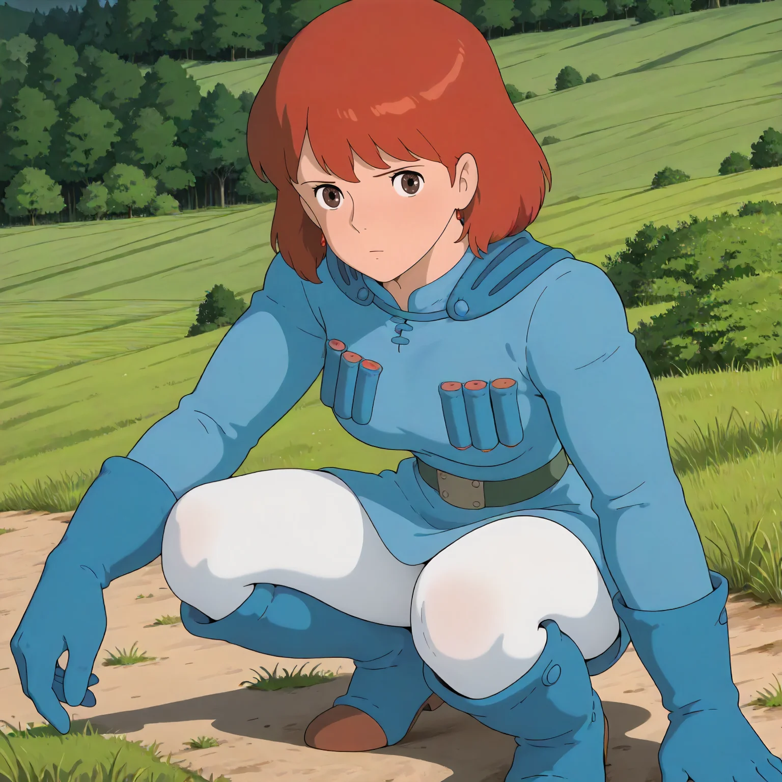 <lora:NotVotW_NausicaaXLIllustrious022>,
masterpiece,best quality,good quality,newest,
outdoors,detailed background,grassland,nature,
looking at viewer,
solo,
VWNausicaa,1girl,brown hair,medium hair,brown eyes,
breasts,
blue dress,chest bullet holder,long_sleeves,
belt,
white tights,
blue gloves,
blue leg warmer,knee boots,
squatting,