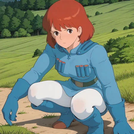 <lora:NotVotW_NausicaaXLIllustrious022>,
masterpiece,best quality,good quality,newest,
outdoors,detailed background,grassland,nature,
looking at viewer,
solo,
VWNausicaa,1girl,brown hair,medium hair,brown eyes,
breasts,
blue dress,chest bullet holder,long_sleeves,
belt,
white tights,
blue gloves,
blue leg warmer,knee boots,
squatting,