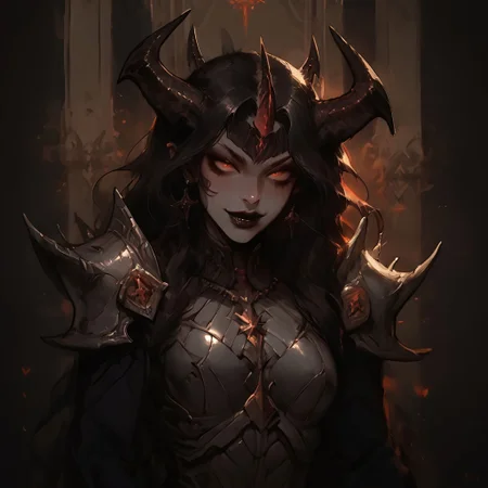 safe_pos, score_9, score_8_up, score_7_up, score_6_up, masterpiece, 1girl, solo, Femme demon, Femme, demon, dual tone dark purple and black hair, four horn, horn, long hair, pale skin, happy, 20yo girl, perky tits, full plate metal armor, metal armor, seductive eyes, upper body, seductive smile, black lips, no hat, pose, sit on throne, dynamic angle, motion lines, motion blur,