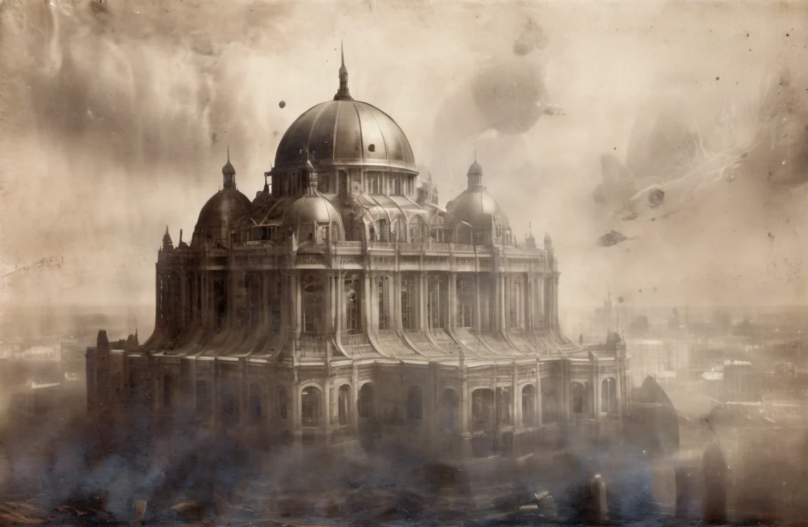 photoreal shot of a futuristic city in the sky, many buildings, (art nouveau architecture:1.2), (domes:1.2), marble, detailed, high resolution, clarity, realistic lighting, realistic shadows