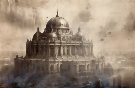 photoreal shot of a futuristic city in the sky, many buildings, (art nouveau architecture:1.2), (domes:1.2), marble, detailed, high resolution, clarity, realistic lighting, realistic shadows