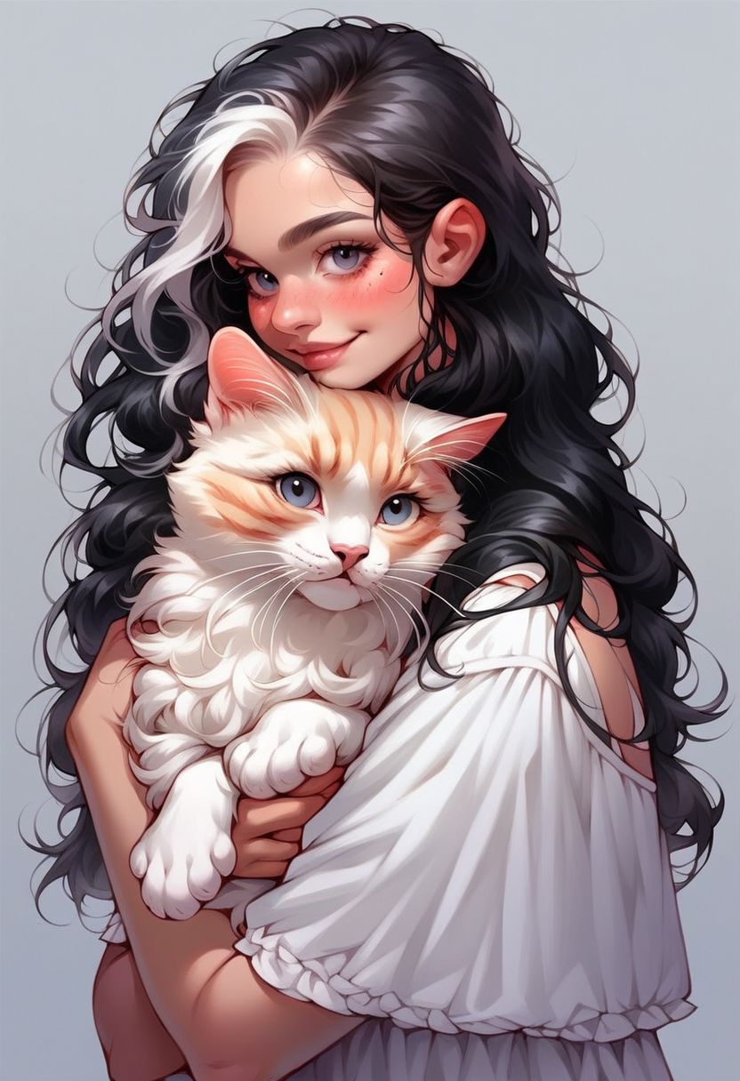 ,Score_9, score_8, score_7, realistic, 1woman, long black hair, white highlights, cute dress, hugging tabby cat, p3tl0v3,