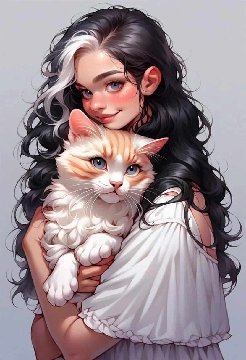 ,Score_9, score_8, score_7, realistic, 1woman, long black hair, white highlights, cute dress, hugging tabby cat, p3tl0v3,