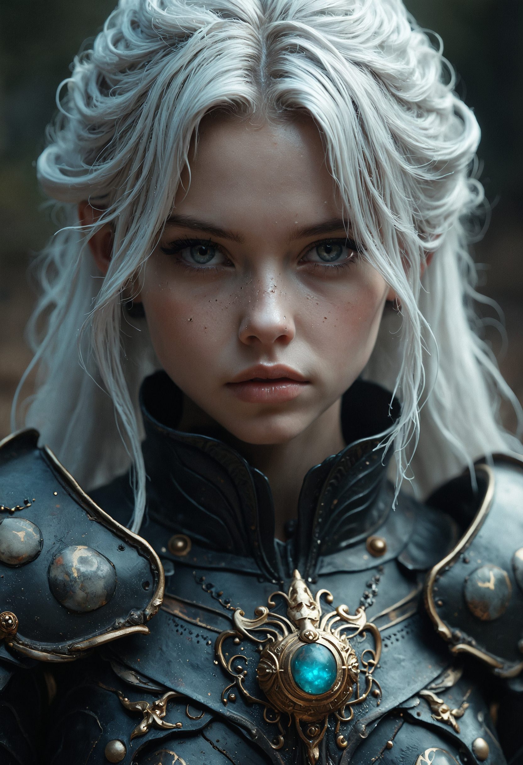 A stunningly depicted fantasy warrior, with silver-white hair and piercing eyes, stands out in the frame. Her armor, dark and metallic, features intricate designs and glowing gemstones. This cinematic portrait captures the girl's fierce beauty and strength, portraying her as a formidable and enigmatic figure. The high-quality image showcases every detail with precision, from the elaborate armor to the intense gaze of the warrior. It is a mesmerizing and captivating depiction that exudes power and allure.