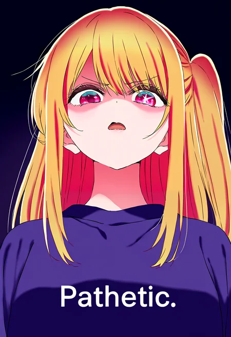 masterpiece, high quality, amazing detail, pathetic_meme, looking down, 1girl, solo, looking at viewer, serious, open mouth, upper body, english text, text:"pathetic", half-closed eyes, hoshino ruby, <lora:pathetic:1>