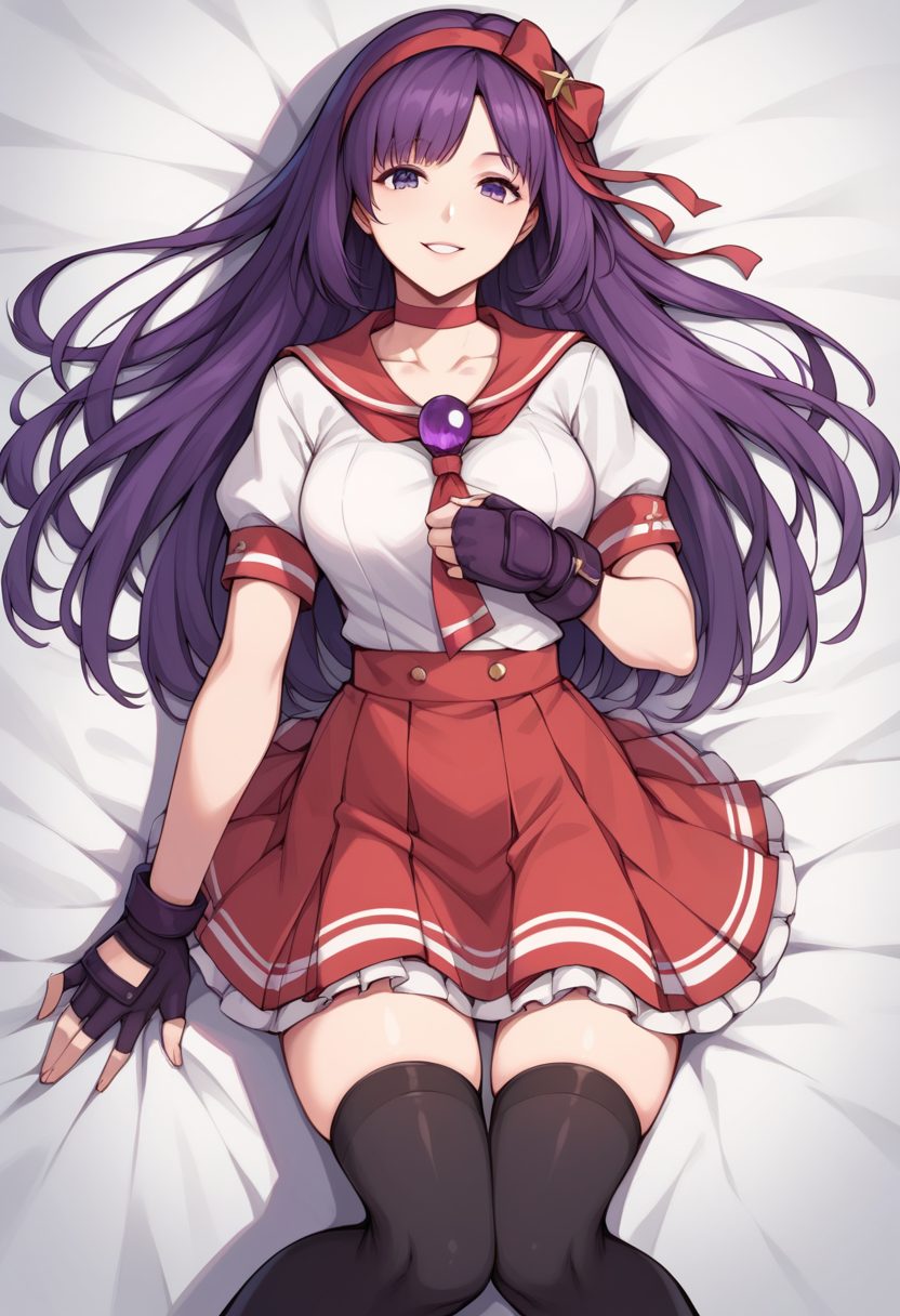 score_9, score_8_up, score_7_up, score_6_up, source_anime BREAK  <lora:AthenaXIV-000005:0.9>,  AthenaKOFXIV, red hairband, rec hair ribbon, purple eyes, purple hair, red choker, serafuku,pearl (gemstone), short sleeves, red skirt, fingerless gloves,black  thighhighs,  breasts, from above, seductive smile, lying, on bed, looking at viewer,