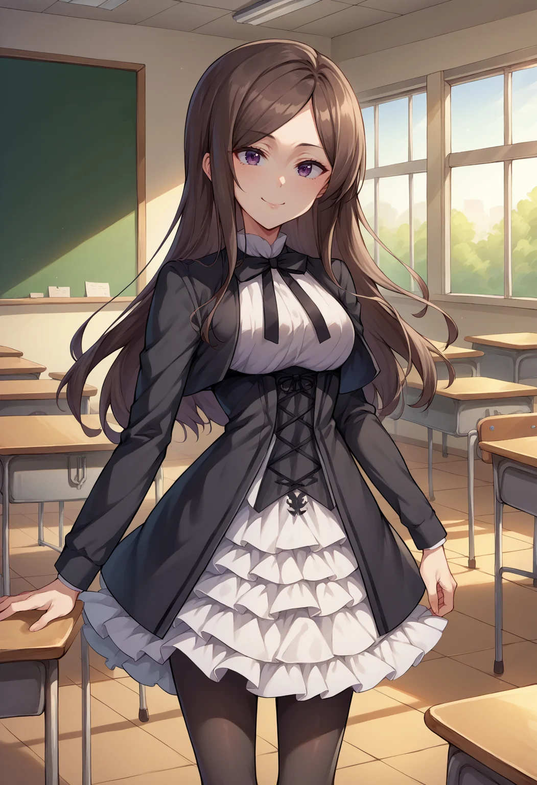 score_9, score_8_up, source_anime, 1girl, solo, DorothyUniform, long hair, black jacket, cropped jacket, black neck ribbon, collared dress, frilled dress, black corset, black pantyhose, indoors, classroom, smile, <lora:ChamDorothyPPPonyXL:1>