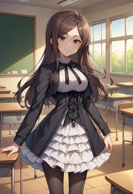 score_9, score_8_up, source_anime, 1girl, solo, DorothyUniform, long hair, black jacket, cropped jacket, black neck ribbon, collared dress, frilled dress, black corset, black pantyhose, indoors, classroom, smile, <lora:ChamDorothyPPPonyXL:1>