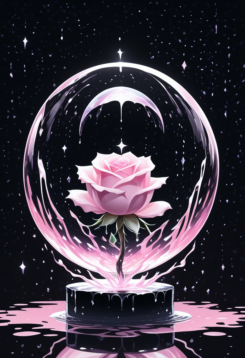 (masterpiece), best quality, Anime, Illustration, (Floating Sphere, Crystal, Magic, Reflection, Melting, Dripping, Pink Rose), Black Background, No Humans, Starry Theme, (Light Refraction), White and Pink Theme, Natural Lighting, Verynsty