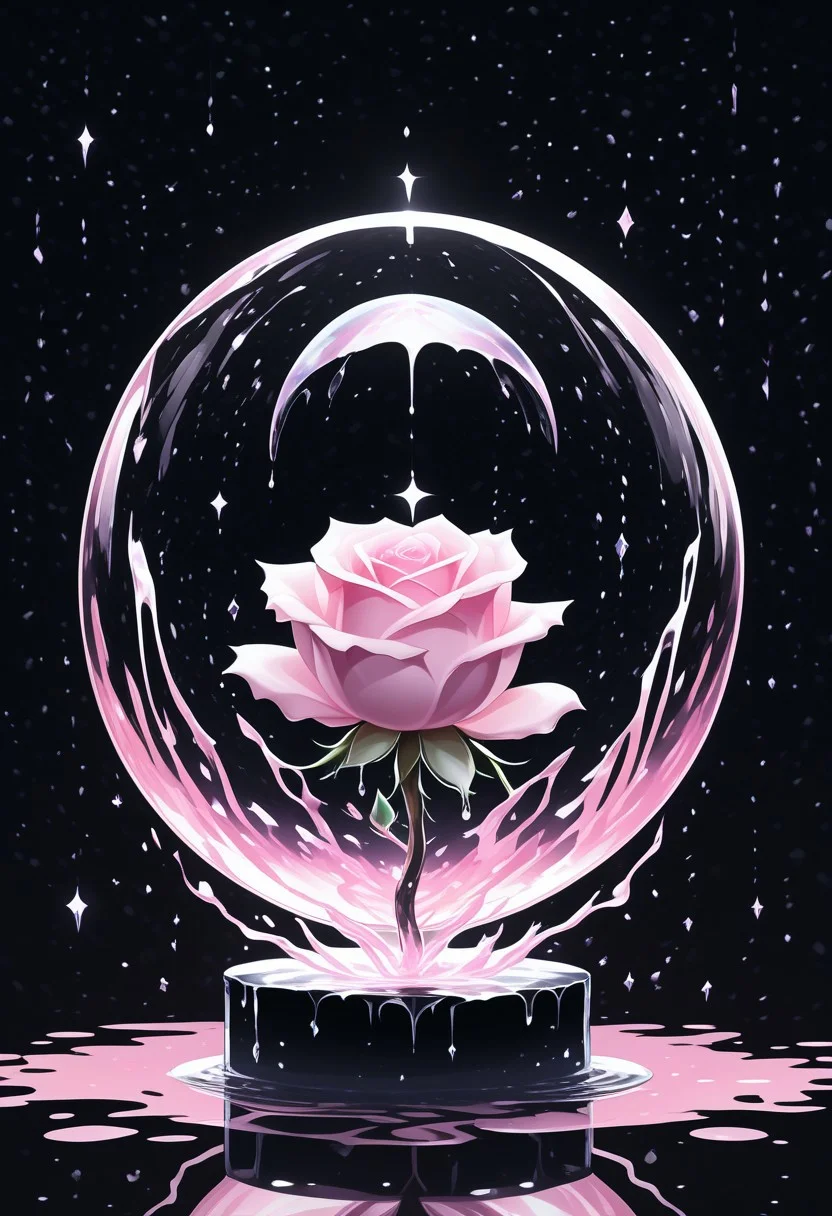 (masterpiece), best quality, Anime, Illustration, (Floating Sphere, Crystal, Magic, Reflection, Melting, Dripping, Pink Rose), Black Background, No Humans, Starry Theme, (Light Refraction), White and Pink Theme, Natural Lighting, Verynsty