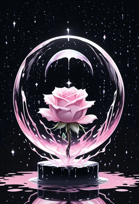(masterpiece), best quality, Anime, Illustration, (Floating Sphere, Crystal, Magic, Reflection, Melting, Dripping, Pink Rose), Black Background, No Humans, Starry Theme, (Light Refraction), White and Pink Theme, Natural Lighting, Verynsty