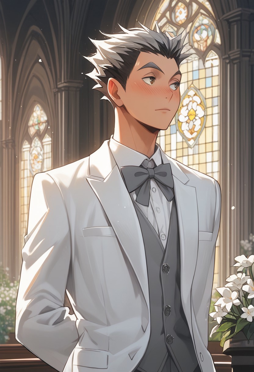 score_9, score_8_up, score_7_up, source_anime, rating_safe, white flowers, water, Bokaikyu, 1boy, male focus, looking away, blushing, closed mouth, hands behind back, white formal suit, grey bowtie, indoors church, wedding,