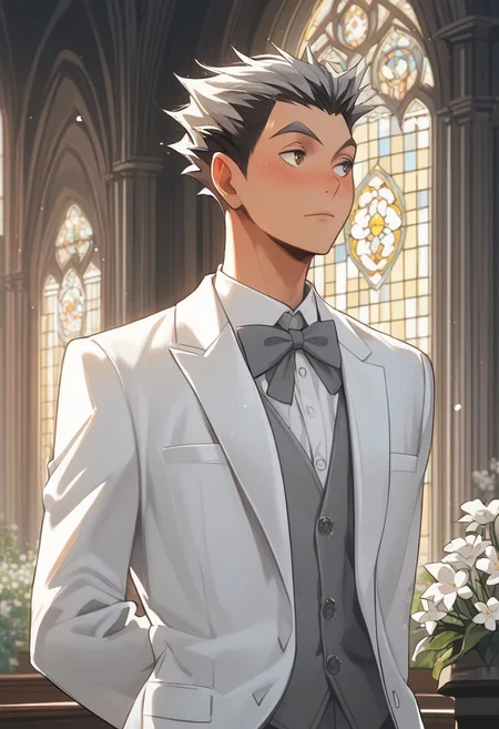 score_9, score_8_up, score_7_up, source_anime, rating_safe, white flowers, water, Bokaikyu, 1boy, male focus, looking away, blushing, closed mouth, hands behind back, white formal suit, grey bowtie, indoors church, wedding,
