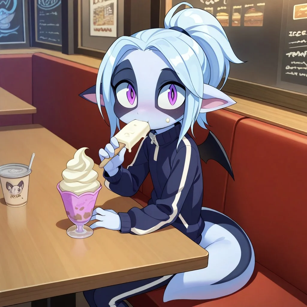 wisp, 1girl,solo,white hair,,pointy ears,,colored skin,furry,source_furry,
tail,
masterpiece, child, kid, 
restaurant, sitting at table, eating ice cream, ice cream on cheek, adorable, looking at viewer