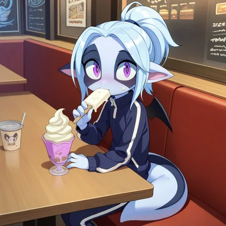 wisp, 1girl,solo,white hair,,pointy ears,,colored skin,furry,source_furry,
tail,
masterpiece, child, kid,
restaurant, sitting at table, eating ice cream, ice cream on cheek, adorable, looking at viewer