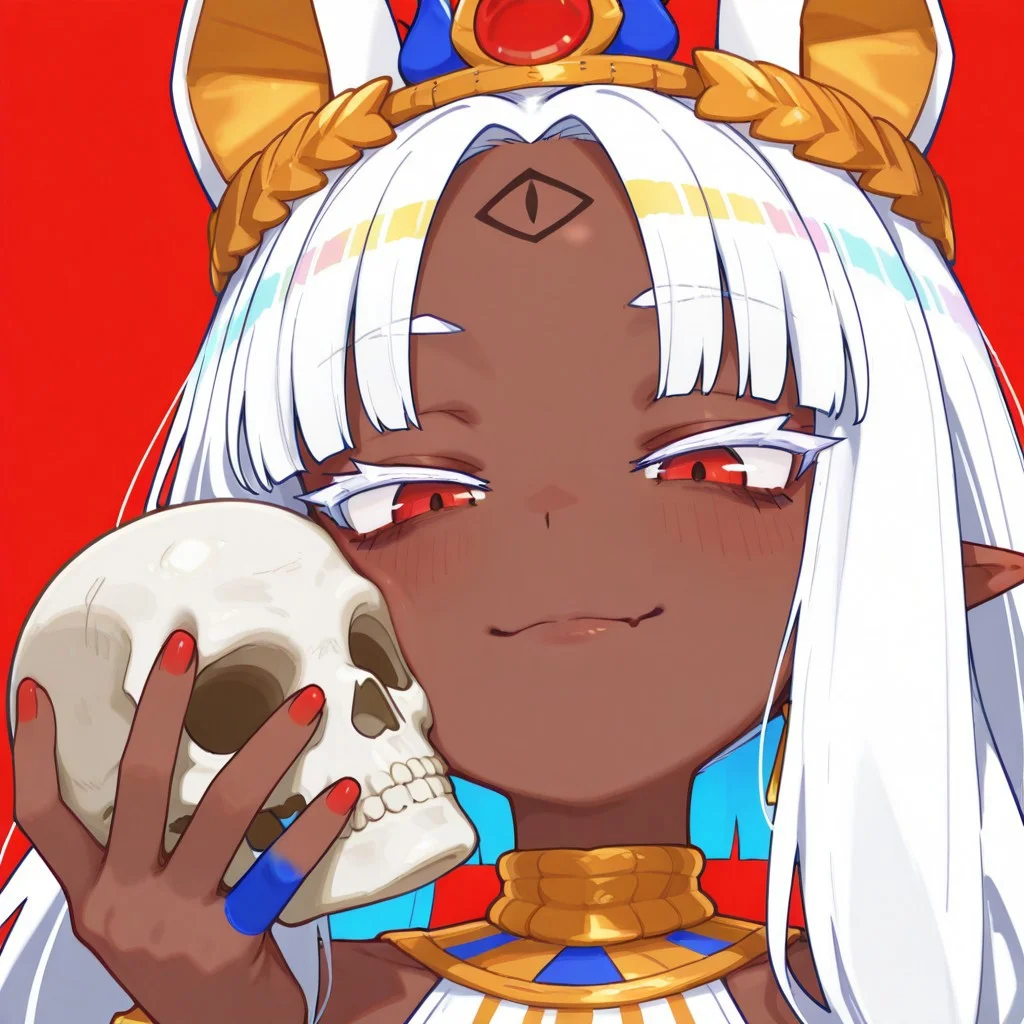 face close up, shoulders up shot, 1girl, datia, brown skin, red triangle earrings, gold ornaments, crown, red eyes, smug, white anubis ears, blue colored left hand, white eyelash,, red nails, blue left hand, red round jewel on head, masterpiece, highres, absurdres,amazing quality, best quality, detailed background, 8k, holding skull, forehead tattoo, tattoo under eyes