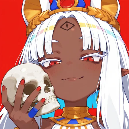 face close up, shoulders up shot, 1girl, datia, brown skin, red triangle earrings, gold ornaments, crown, red eyes, smug, white anubis ears, blue colored left hand, white eyelash,, red nails, blue left hand, red round jewel on head, masterpiece, highres, absurdres,amazing quality, best quality, detailed background, 8k, holding skull, forehead tattoo, tattoo under eyes