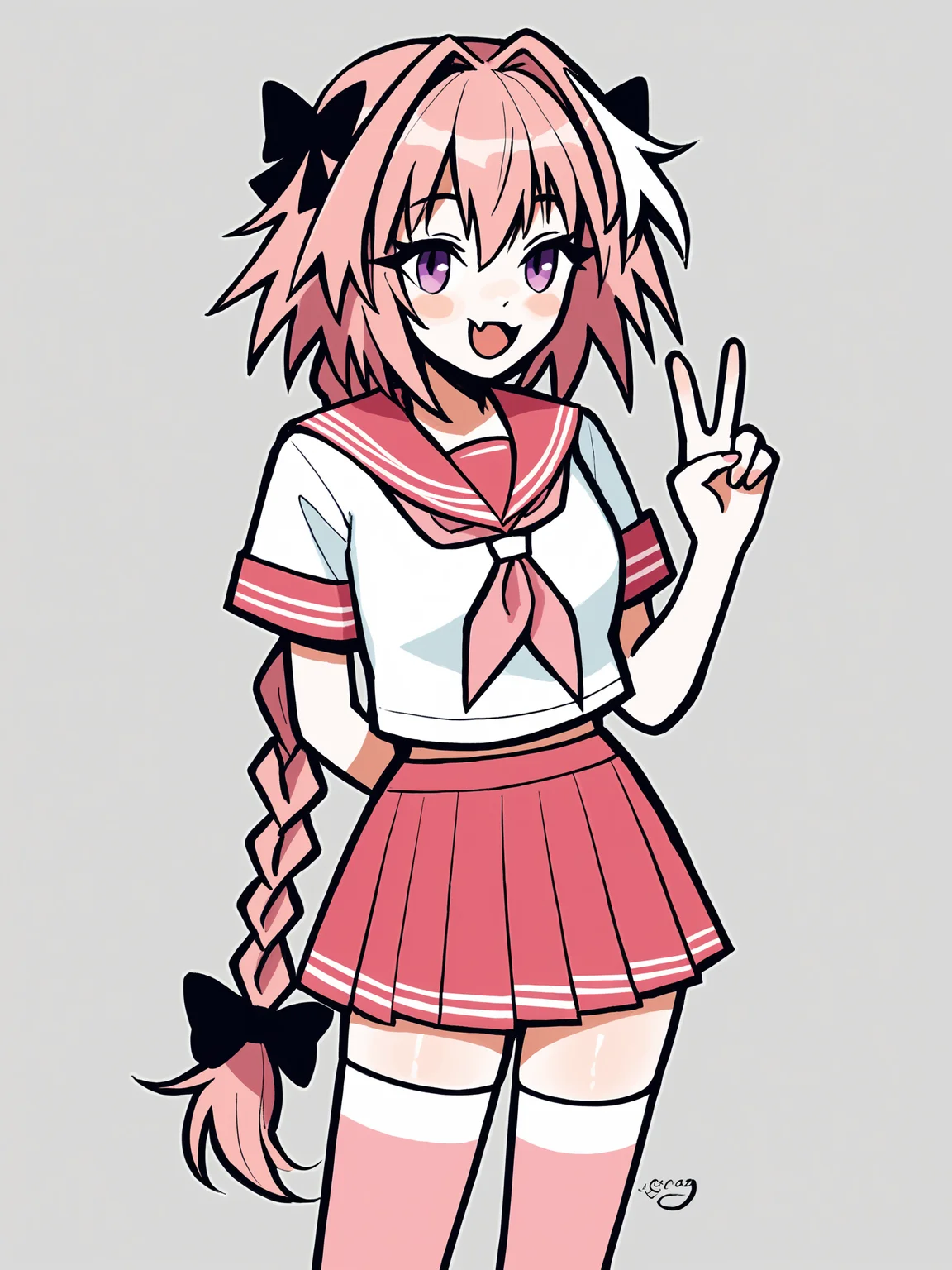 score_9, score_8_up, score_7_up, score_6_up, score_5_up, score_4_up, rating_safe
BREAK
astolfo \(fate\), otoko no ko, pink hair, braid,
BREAK
solo, standing, pink serafuku, white shirt, pink thighhighs, pink skirt, peace sign,
BREAK
white background, <lora:Lunas-Megrocks-SDXL-A1:1>