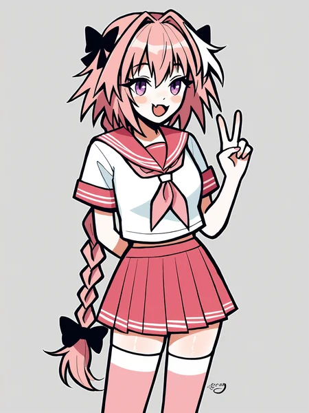 score_9, score_8_up, score_7_up, score_6_up, score_5_up, score_4_up, rating_safe
BREAK
astolfo \(fate\), otoko no ko, pink hair, braid,
BREAK
solo, standing, pink serafuku, white shirt, pink thighhighs, pink skirt, peace sign,
BREAK
white background, <lora:Lunas-Megrocks-SDXL-A1:1>