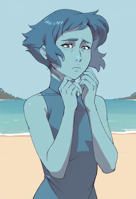 score_7,  score_6_up,1girl,lapizlasuliSDXL,solo,short hair,dress,blue hair,navy blue eyes,sleeveless,blue dress,colored skin,blue skin,
detailed face, (upper body:1.1), thin, beach, colored sketch, worried, cute, line art