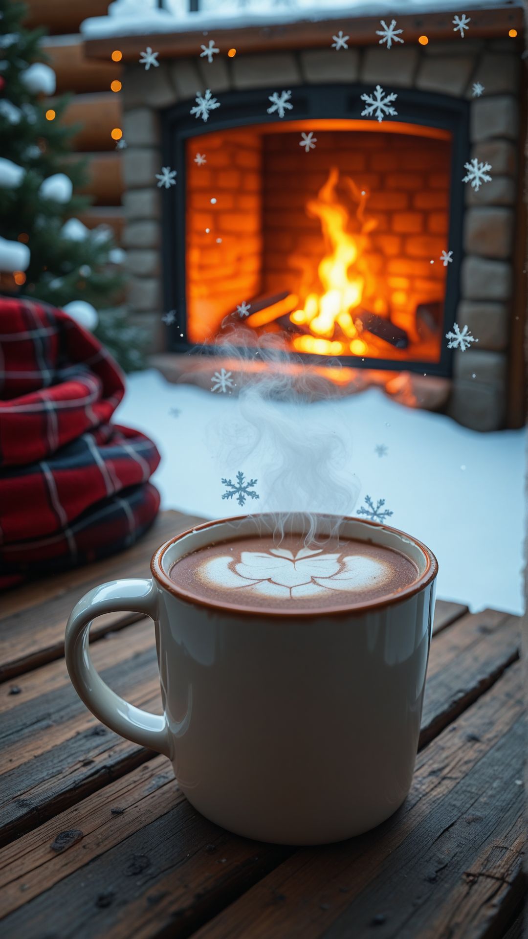 A cozy winter retreat scene, showing a steaming mug of hot cocoa resting on a rustic wooden table. Outside, snowflakes gently drift past a fogged-up window, while a warm fireplace glows softly in the background. 
, aidmafluxpro1.1 <lora:aidmaFLuxPro1.1_v0.3_IL:0.85>