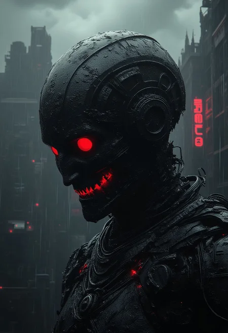 fg, perfection style, a digital illustration in noir style featuring a cyborg wearing a custodian helmet. The robotic body shows gears, tubes, metallic plaiting, it looks messy and unfinished. The eyes are glowing with bright red light and the face is distorted with menacing grin. The background is an old town with elements of steam punk and gothic architecture, with dark cloudy sky and heavy rain