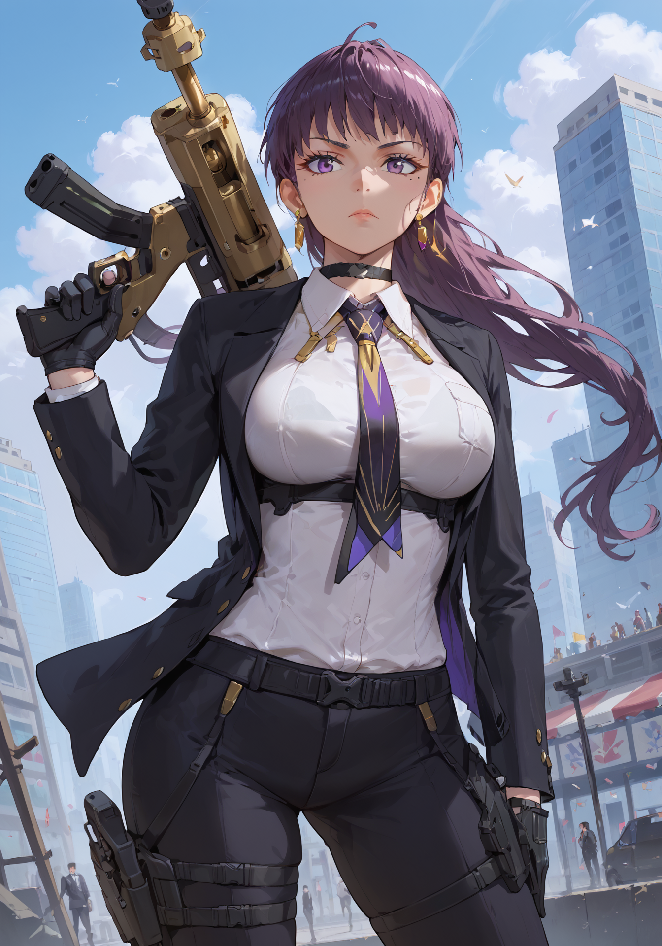 1girl,nikkedollasuit,black mechanical boots,black suit jacket,black pants suit,black gloves,golden jewelries on collar,dress shirt,golden earrings,black holster on thigh,black choker,buckle,golden purple black necktie,mole under eye,harness under breast,
cowboy shot,bullpup sniper rifle,serious,holding gun,
score_9,score_8_up,score_7_up,masterpiece,best quality,amazing quality,<lora:pony nikke dolla-000011:0.9>,