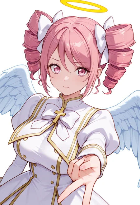 Smooth Quality,masterpiece,very intricate, high quality details, ultra realistic, high detailed skin,detailed enviorement,absurdres,
gyaru v,
<lora:Pino_CNR:0.8> pino_cnr, 1girl, pink hair, short hair, twintails, drill hair, pink eyes, large breasts,pino_cnr_def, white dress,white bow, hair bow, hair ribbon, cross,long sleeves, juliet sleeves, halo, angel wings,, despair,, simple background, white background, dynamic angle,solo,