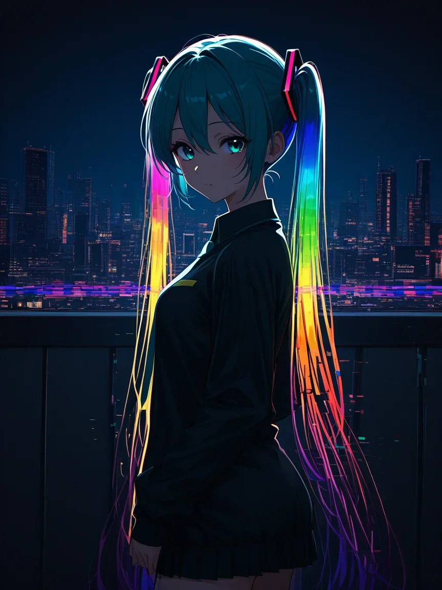 <lora:contract_controller_illus01_v1:0.3>1girl,hatsune miku,cowboy shot,from side,dark background,rainbow hair,looking at viewer,glitch,cityscape,masterpiece,