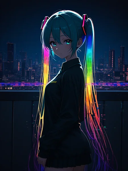 <lora:contract_controller_illus01_v1:0.3>1girl,hatsune miku,cowboy shot,from side,dark background,rainbow hair,looking at viewer,glitch,cityscape,masterpiece,