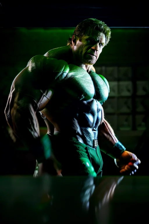 award winning photo of the incredible hulk posing in a dark studio, (rim lighting,:1.4) two tone lighting, green hue, octane, unreal, dimly lit, low key, to8contrast style