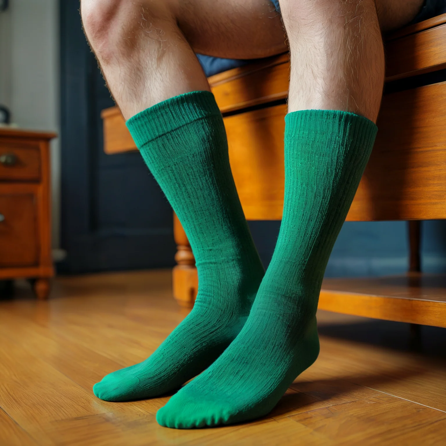 Long green socks on a man's hairy legs.
<lora:Socks01_CE_XL_300-OT:0.6> scksCE_style