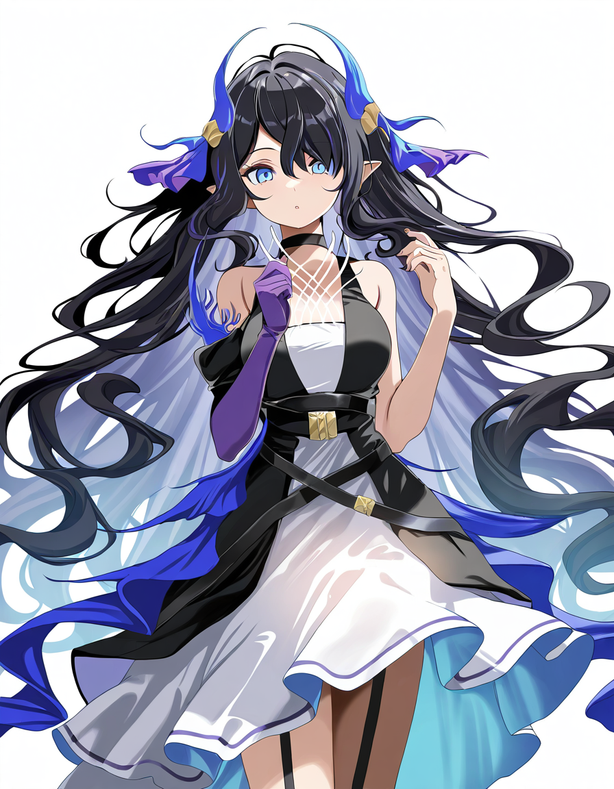 1girl,solo,looking at viewer,simple background,white background,cowboy shot,highmore,single glove,purple gloves,<lora:highmore-000010:1>,, masterpiece, best quality, very aesthetic, absurdres,newest, incredibly absurdres,, (tsukishiro saika:0.8)