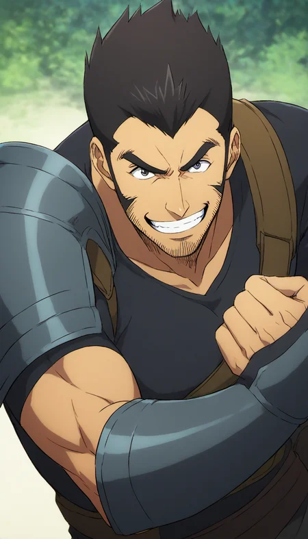 1boy, hwangDongsuk_sololeveling,  long sideburns, armor, Stubble, forest environment, tight black t-shirt, middle-age man, score_7_up, score_6_up, score_8_up, score_9_up, face_focus, muscular, evil_grin, smile, centered, looking at viewer, 8k uhd, high quality, attack pose,